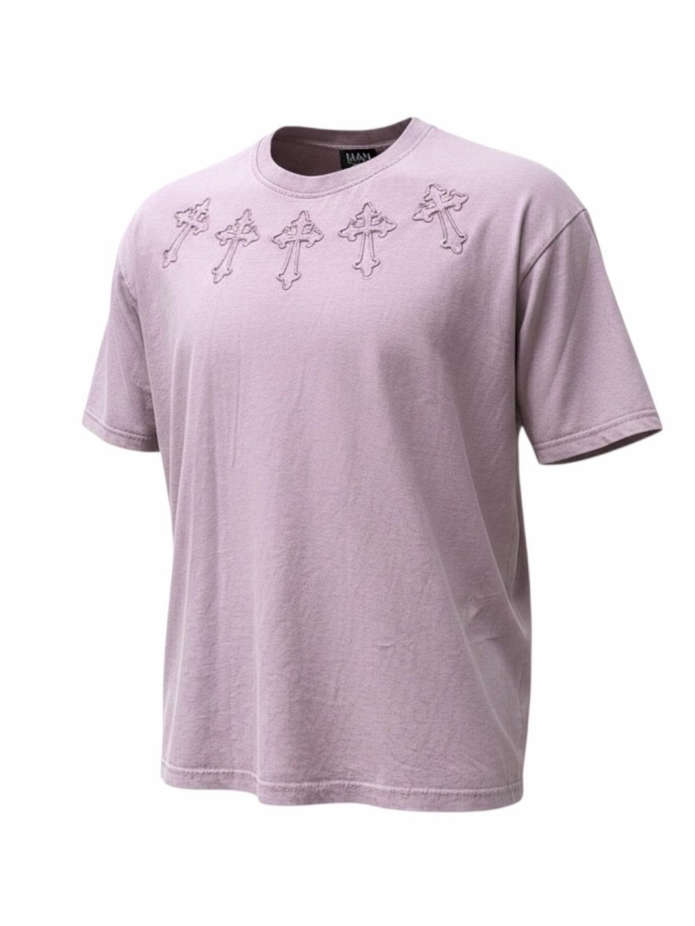 boohooMAN Men's Mauve Pink Cross Embroidered T-Shirt L Cotton Gothic Streetwear